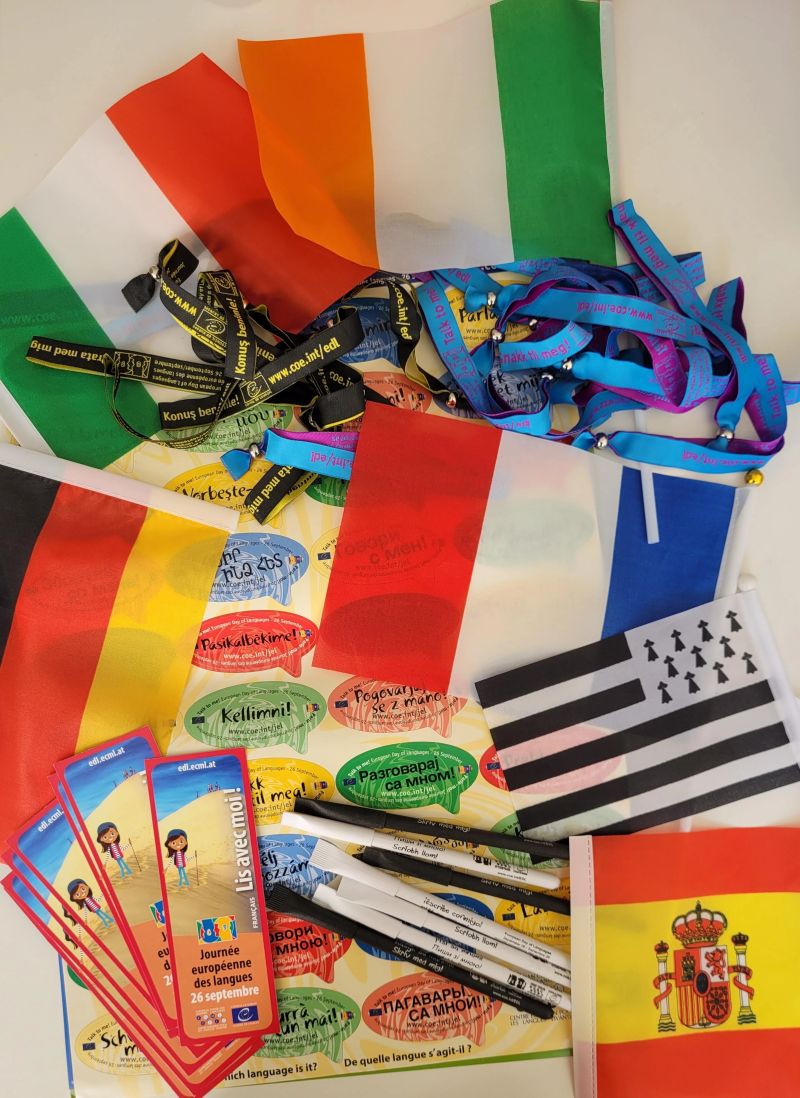 European Day of Languages Event, flags, badges